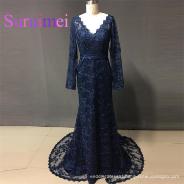 Navy Blue Prom Dresses vestiods de noiva Long Sleeves with Lace Evening Gowns